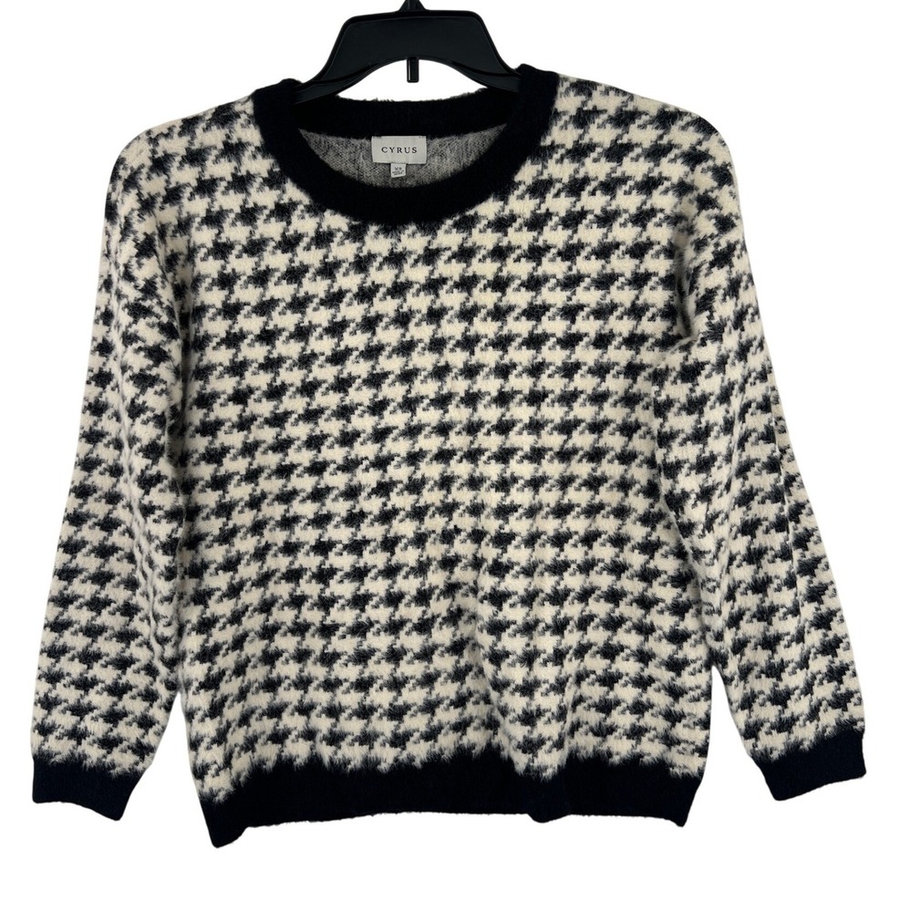 Cyrus Fuzzy‎ Houndstooth Sweater Size XS Black Cream Academic Preppy Cozy